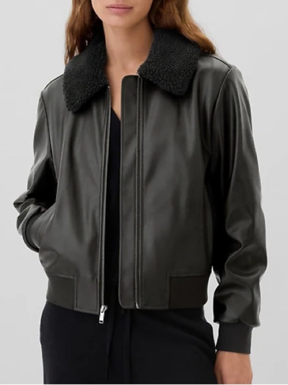 GAP Faux Leather Bomber Jacket Black Sherpa Collar Size S NWT